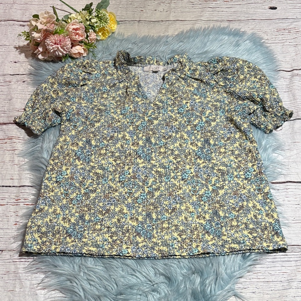 LOFT Garden Floral Puff Sleeve Short Sleeve Top sz SP